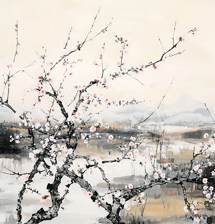 AI generated traditional Chinese painting of plum blossom in early spring.